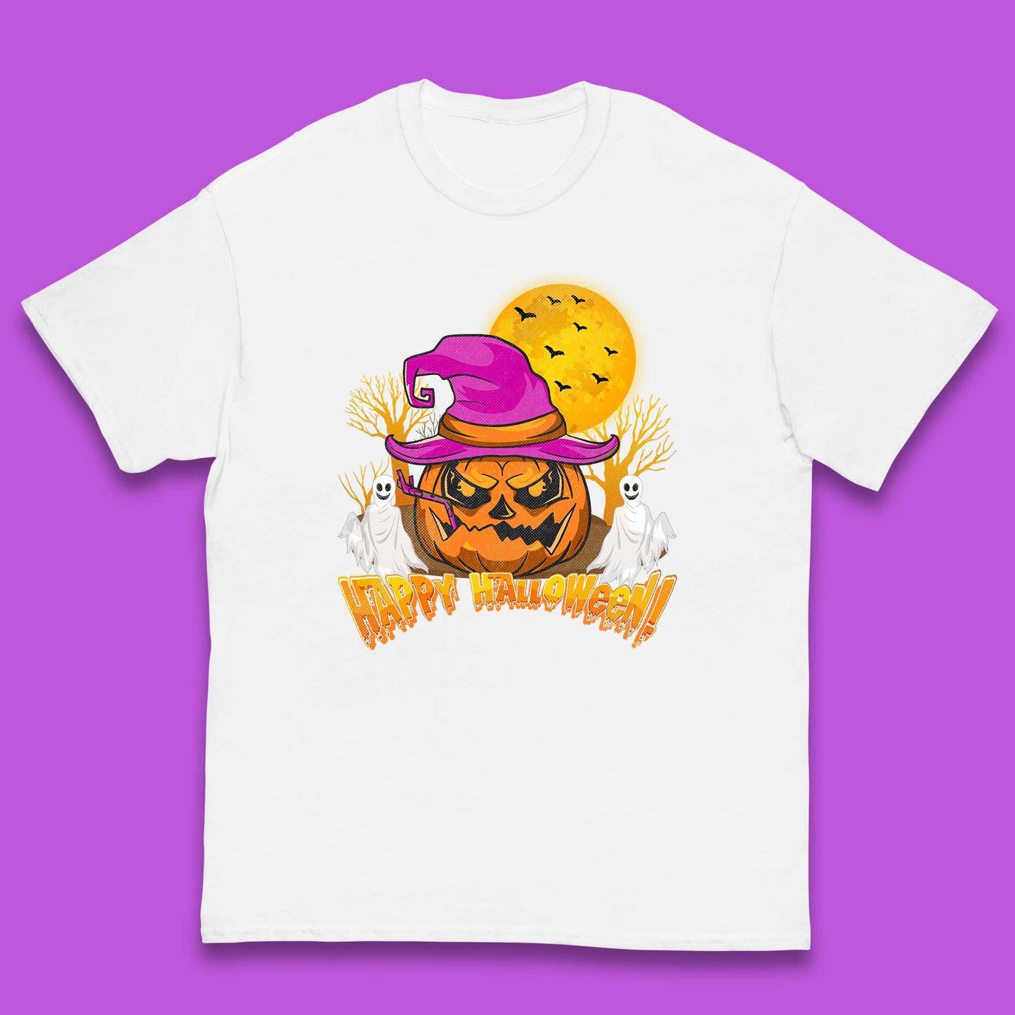 Happy Halloween Pumpkin Witch Hat Jack-o'-lantern With Full Moon Flying Bats Horror Scary Boo Ghost Kids T Shirt