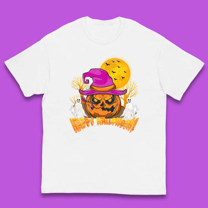 Happy Halloween Pumpkin Witch Hat Jack-o'-lantern With Full Moon Flying Bats Horror Scary Boo Ghost Kids T Shirt