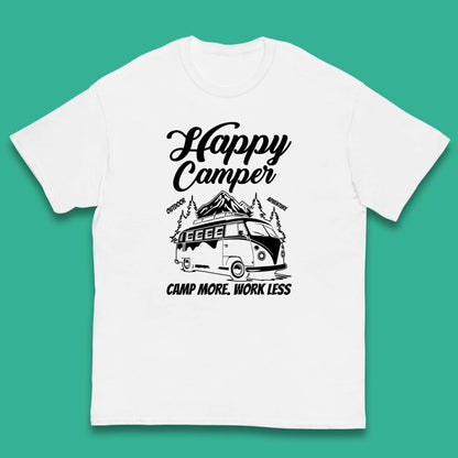 Camper Van Happy Camper Outdoor Adventure Camp More Work Less Van Life Road Trip Kids T Shirt