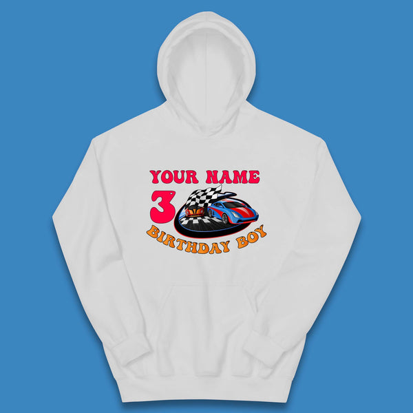 Personalised Race Car Birthday Boy Your Name And Age Racing Car Birthday Theme Party Kids Hoodie