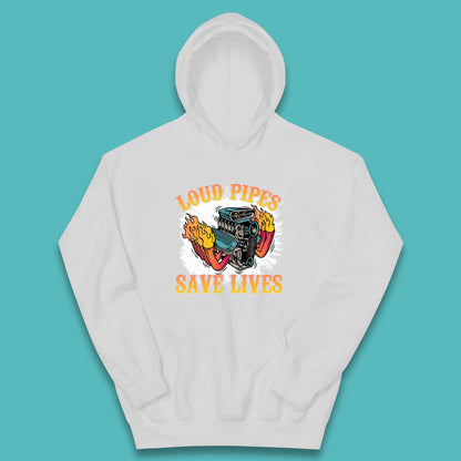 Loud Pipes Save Lives Hot Rod Motor Vehicle Flaming Engine Kids Hoodie