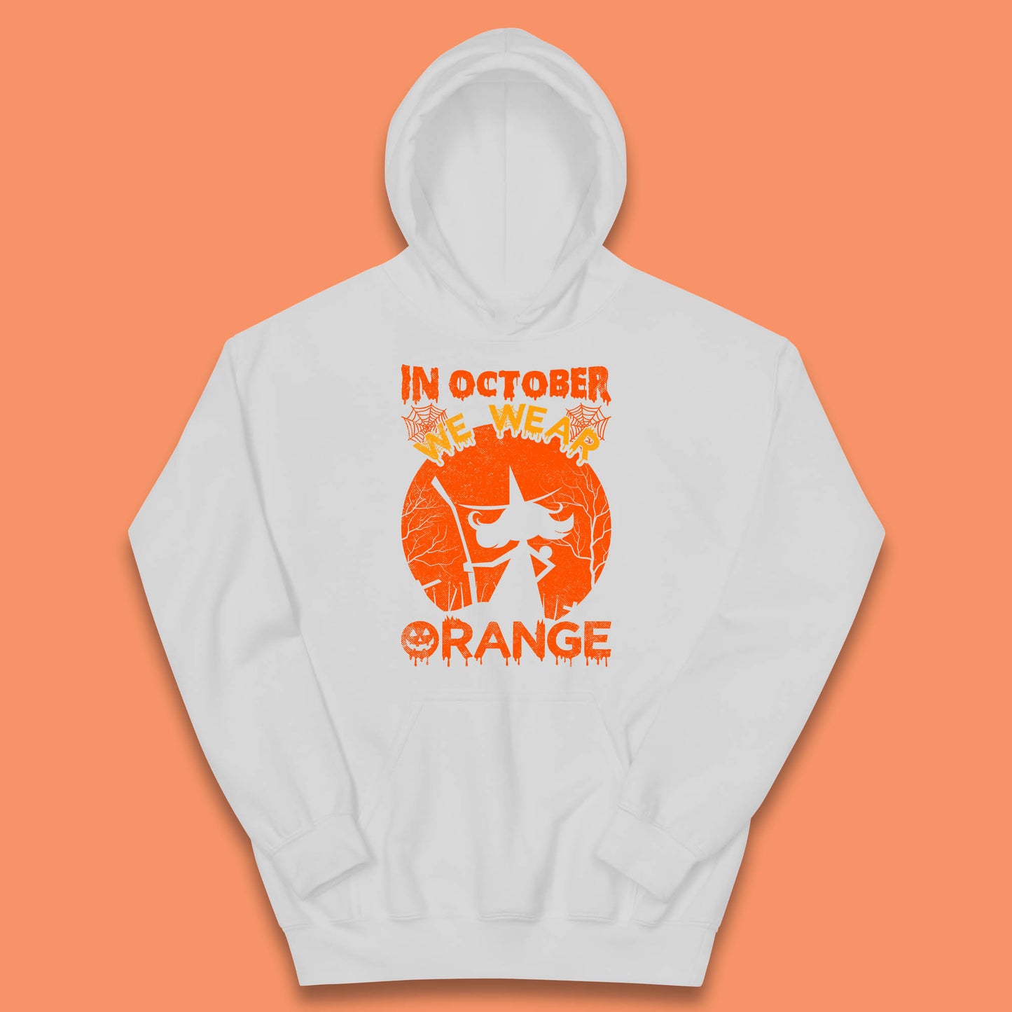 In October We Wear Orange Funny Quote Scary Witch With Broom Halloween Costume October Festive Kids Hoodie