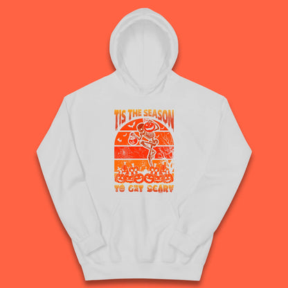 Tis The Season To Get Scary Halloween Skeleton Holding Pumpkin Buckets Spooky Vibes Kids Hoodie