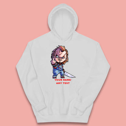 Personalised Chucky With Knife Your Name Or Text Halloween Horror Movie Character Kids Hoodie