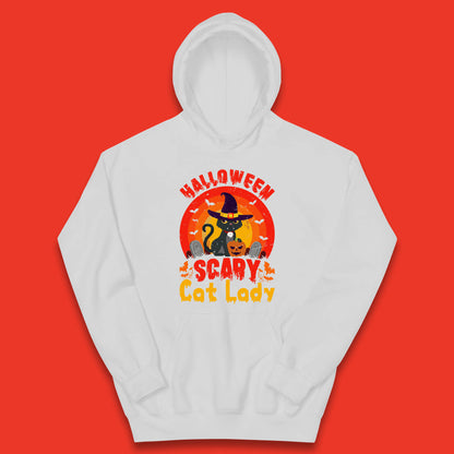 Halloween Scary Cat Lady Horror Spooky Witch Black Cat Lover Kids Hoodie