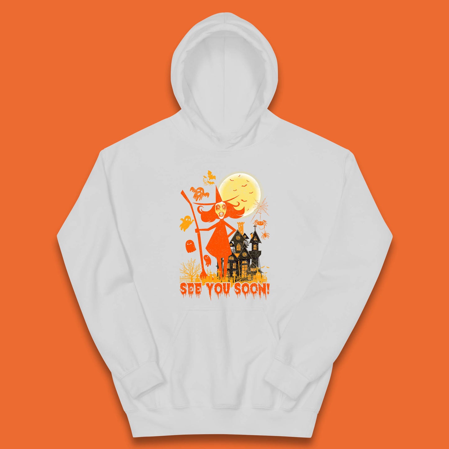 See You Soon Halloween Witch With Broom Horror Scary Haunted House Kids Hoodie