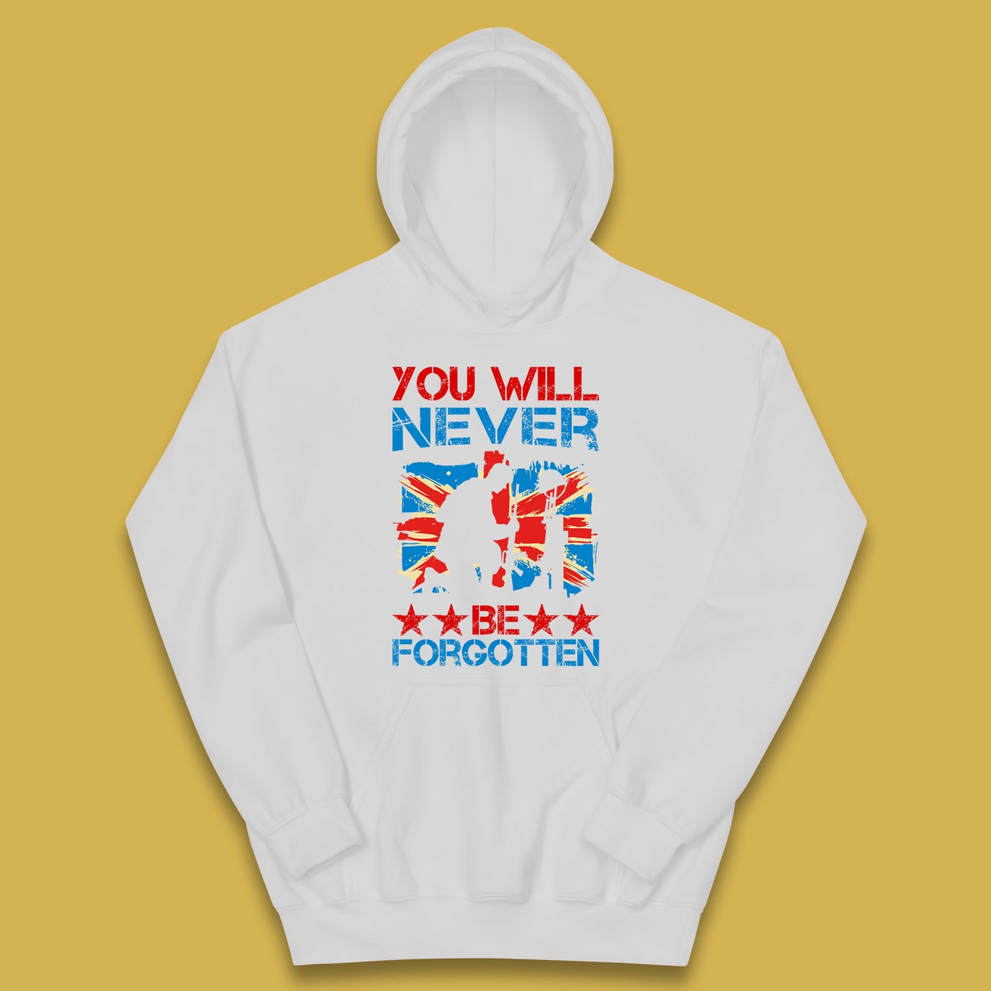 You Will Be Never Forgotten Soldier Kneeling Fallen Soldier Remembrance Day British Armed Force British Flag Patriotism Kids Hoodie