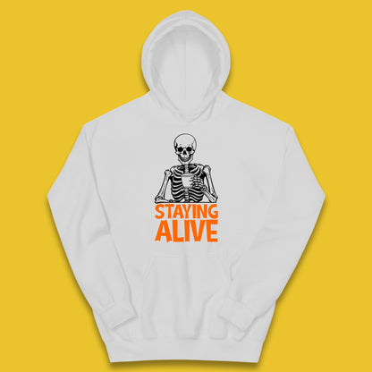 Staying Alive Funny Skeleton Trendy Coffee Halloween Skull Vintage Coffee Lovers Kids Hoodie