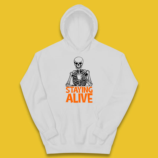 Staying Alive Funny Skeleton Trendy Coffee Halloween Skull Vintage Coffee Lovers Kids Hoodie