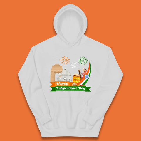 Happy India Independence Day 15th August Patriotic Indian Flag India Architectural Landmarks Kids Hoodie