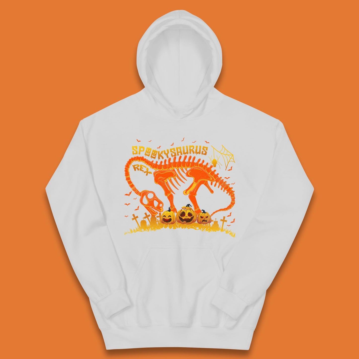 Spooky Saurus Rex Halloween Dinosaur T-Rex Skeleton With Scary Pumpkins Kids Hoodie