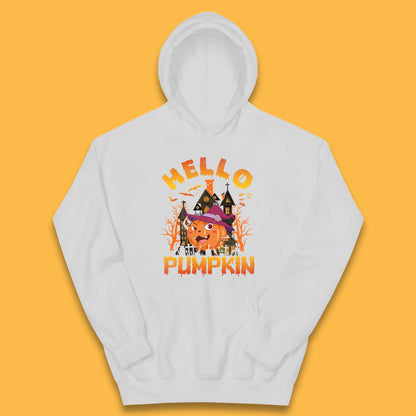 Hello Pumpkin Cartoon Halloween Pumpkin With Witch Hat Devil Smile Haunted Castle Kids Hoodie