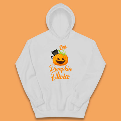 Personalised Little Pumpkin Your Name Black Cat Witch On Pumpkin Kids Hoodie