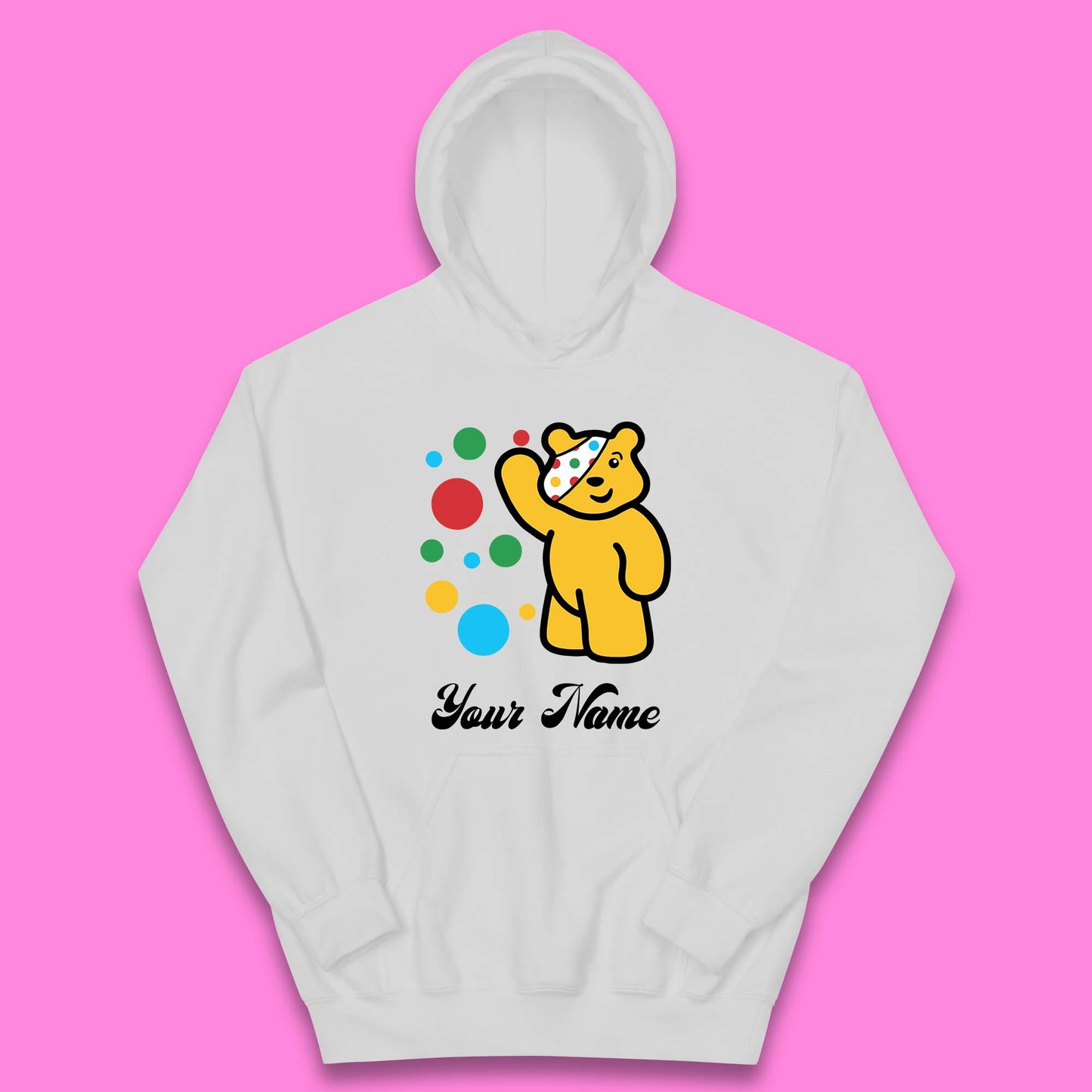 Personalised Spotty Pudsey Bear Hand Waving Dotty Spot Your Name Fundraising Spotty Bear Spotty Day Kids Hoodie