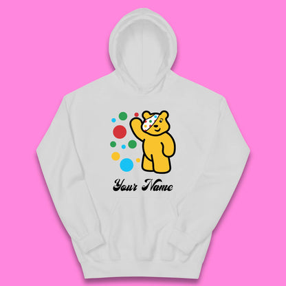Personalised Spotty Pudsey Bear Hand Waving Dotty Spot Your Name Fundraising Spotty Bear Spotty Day Kids Hoodie