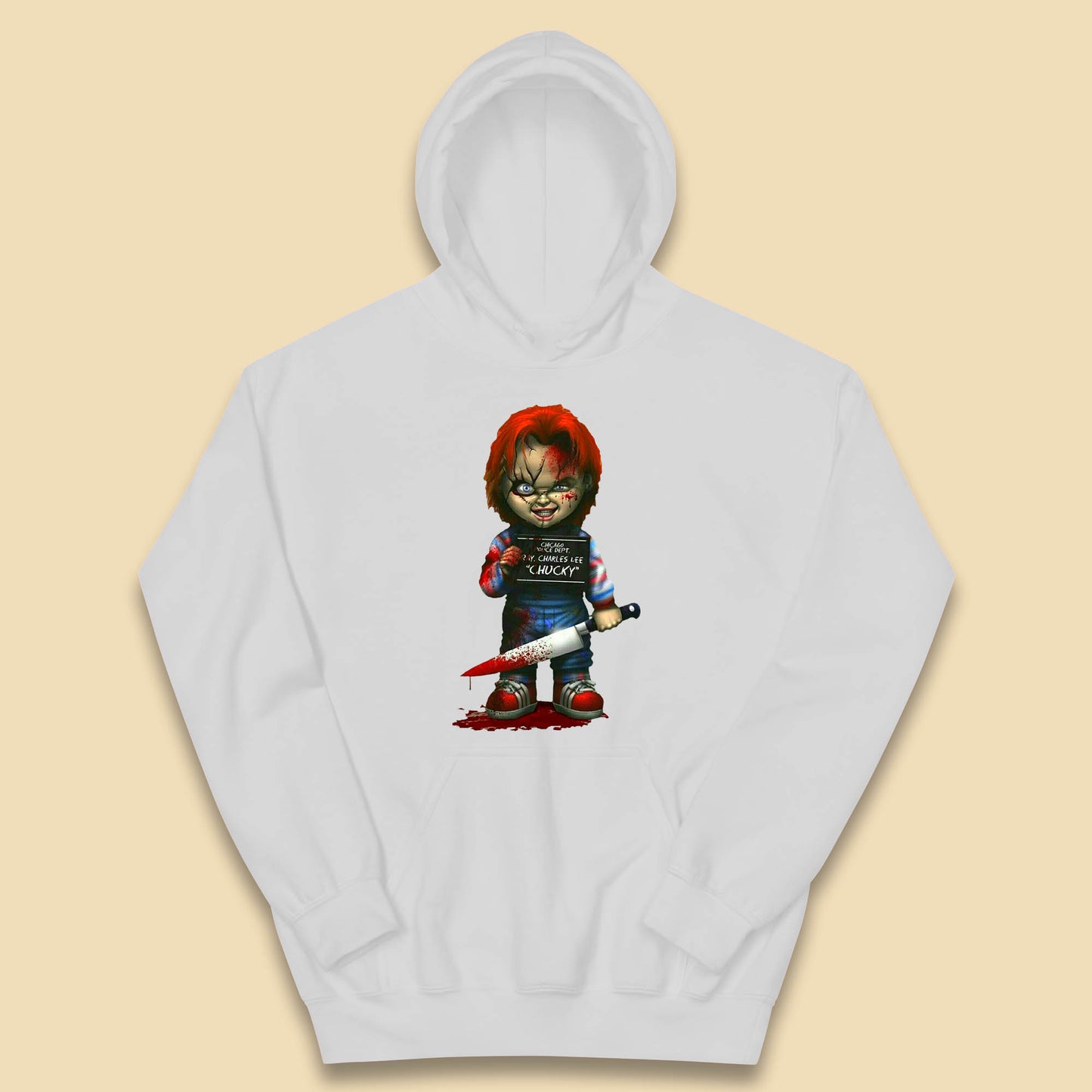 Chucky Mug Shot Chicago Police Dept Ray Charles Lee Chucky Halloween Horror Movie Kids Hoodie