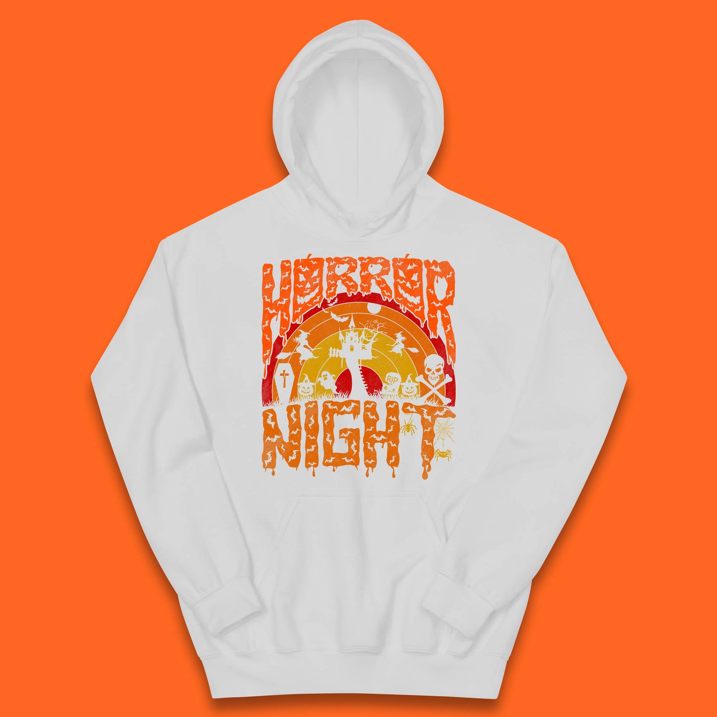 Halloween Horror Night Vintage Rainbow Flying witches Scary Boo Spooky Festive Night Kids Hoodie