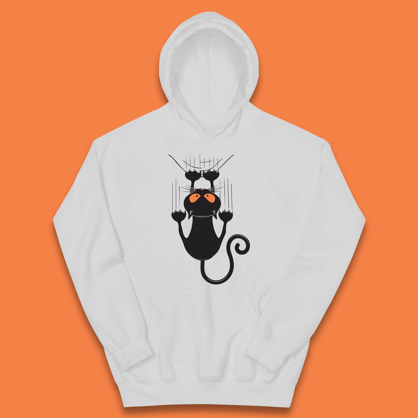 Black Cat Cartoon Scratching Climbing Wall Halloween Horror Scary Black Cat Spooky Season Kids Hoodie