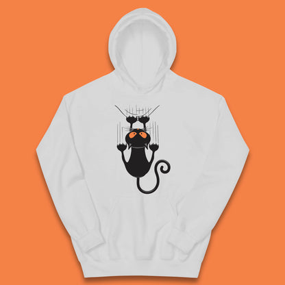 Black Cat Cartoon Scratching Climbing Wall Halloween Horror Scary Black Cat Spooky Season Kids Hoodie