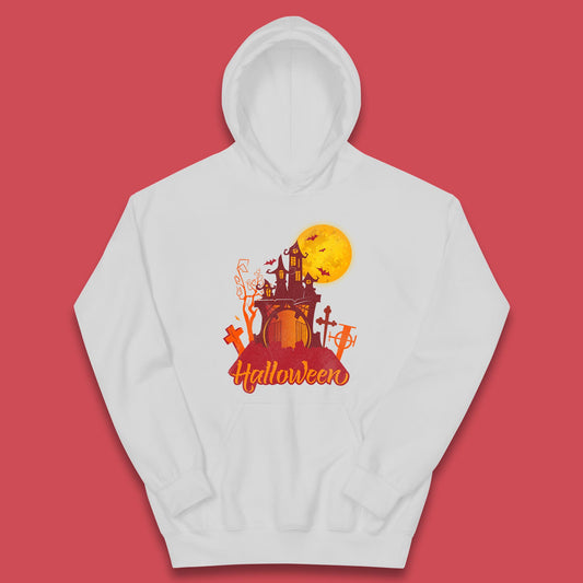 Halloween Lettering With Full Moon Scary Haunted House Flying Bats Horror Graveyard Kids Hoodie