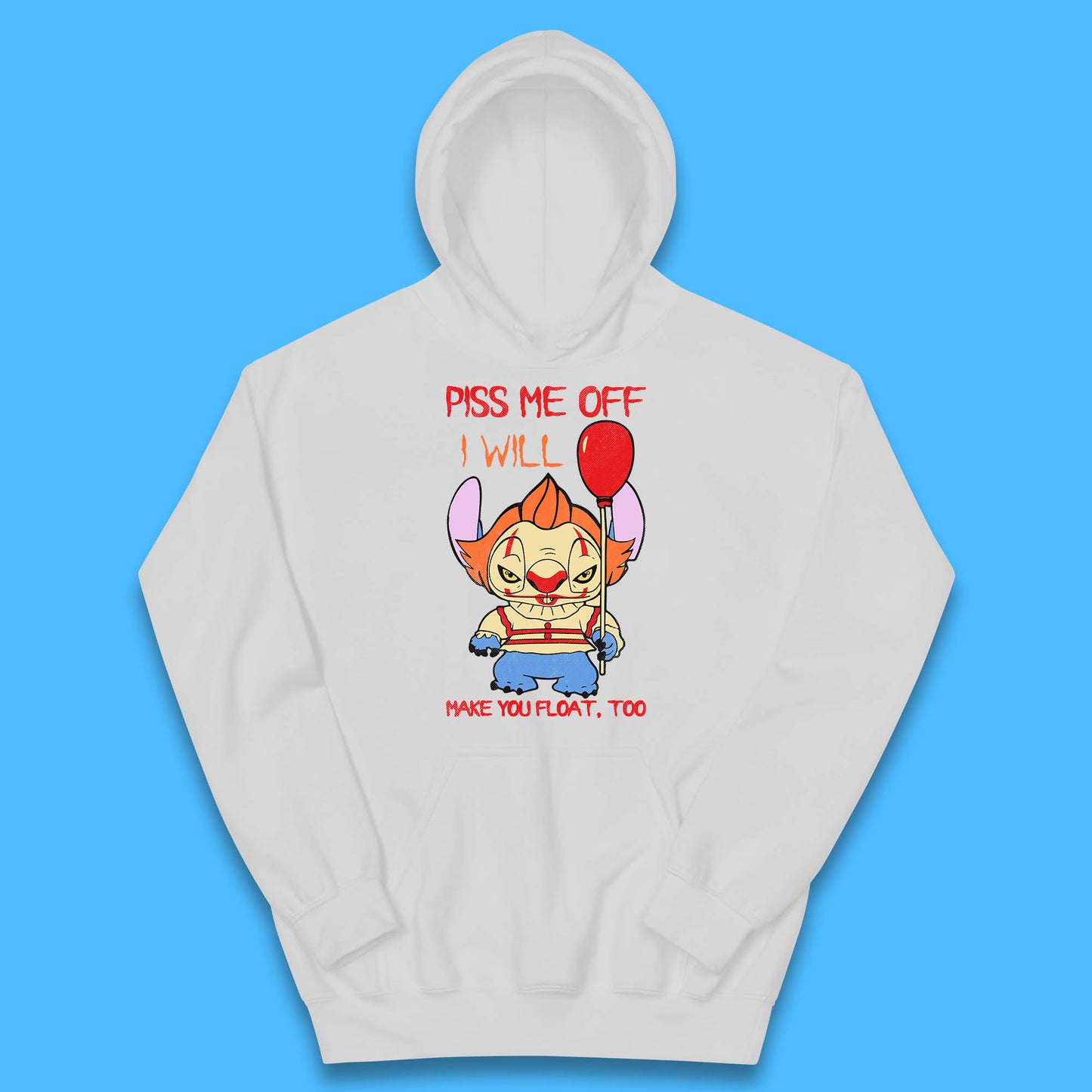 Piss Me Off I Will Make You Float, Too Halloween IT Pennywise Clown & Disney Stitch Movie Mashup Parody Kids Hoodie