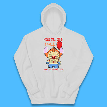 Piss Me Off I Will Make You Float, Too Halloween IT Pennywise Clown & Disney Stitch Movie Mashup Parody Kids Hoodie