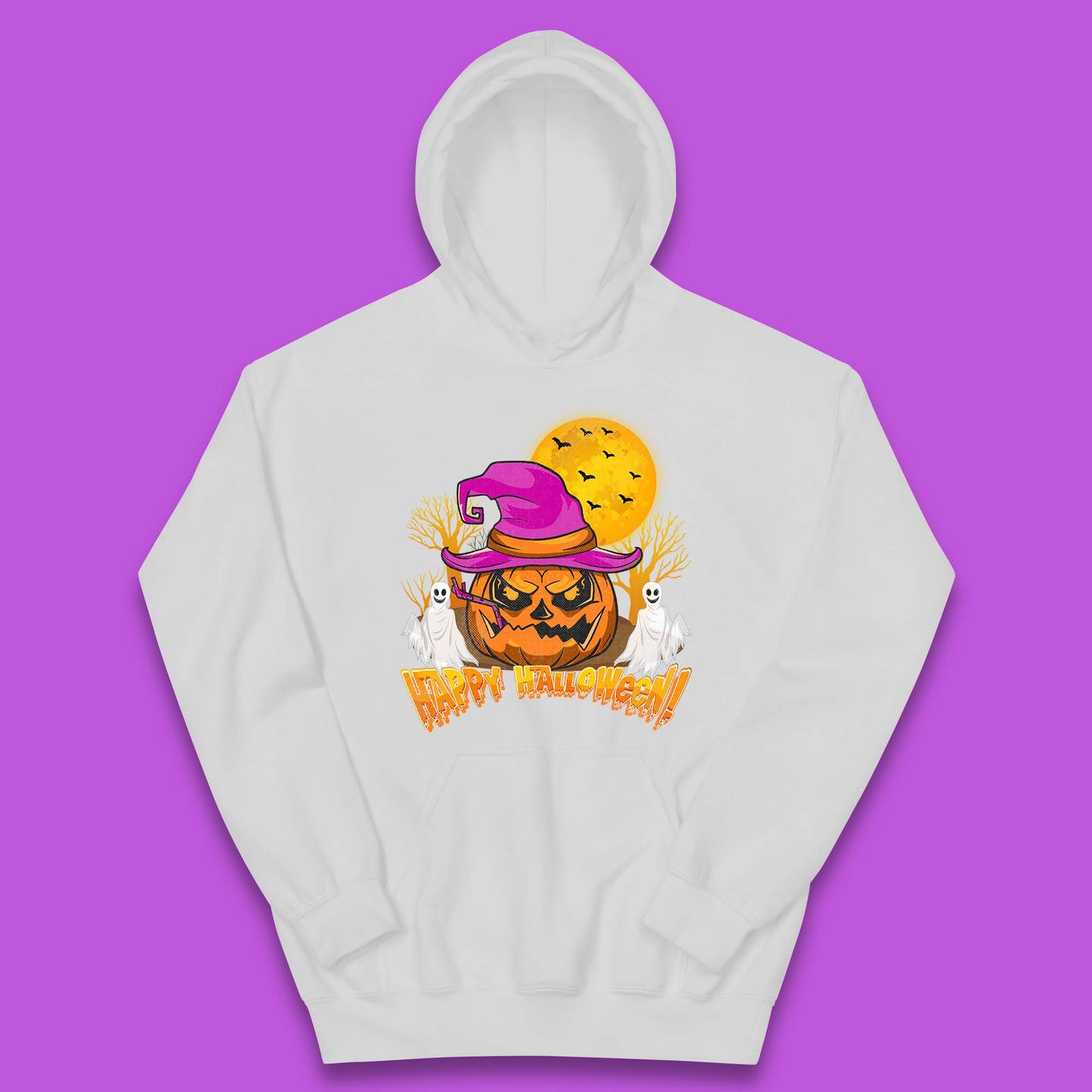 Happy Halloween Pumpkin Witch Hat Jack-o'-lantern With Full Moon Flying Bats Horror Scary Boo Ghost Kids Hoodie