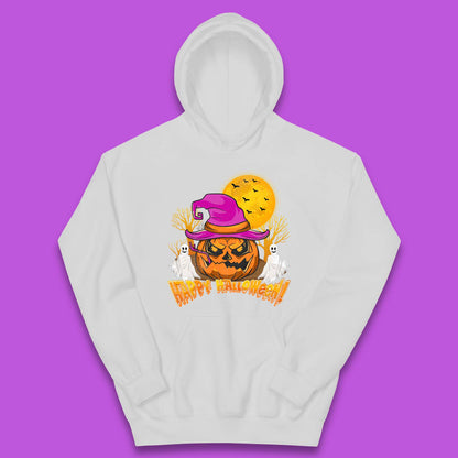 Happy Halloween Pumpkin Witch Hat Jack-o'-lantern With Full Moon Flying Bats Horror Scary Boo Ghost Kids Hoodie
