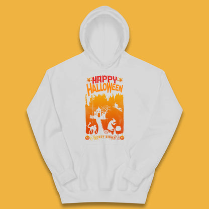 Happy Halloween Horror Hunted House Flying Witch Scary Spooky Night Kids Hoodie