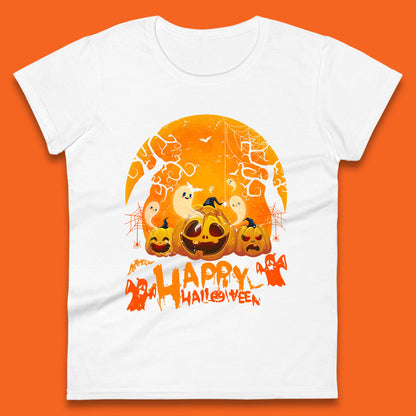 Happy Halloween Jack O Lantern Pumpkins Scary Boo Ghost Haunted Trees Womens Tee Top