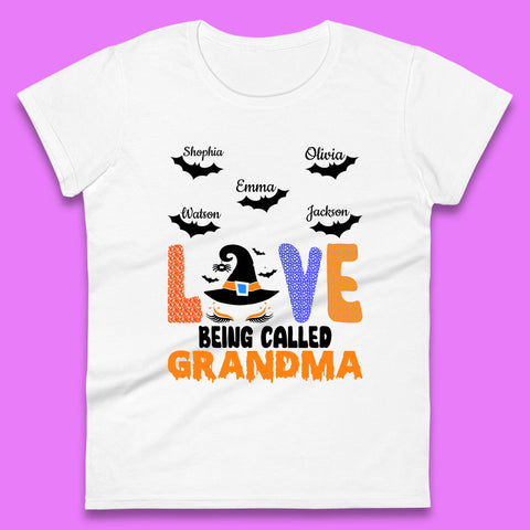 Personalised Love Being Called Grandma Your Name Halloween Grandma Witch Hat With Grandkids Names  Womens Tee Top