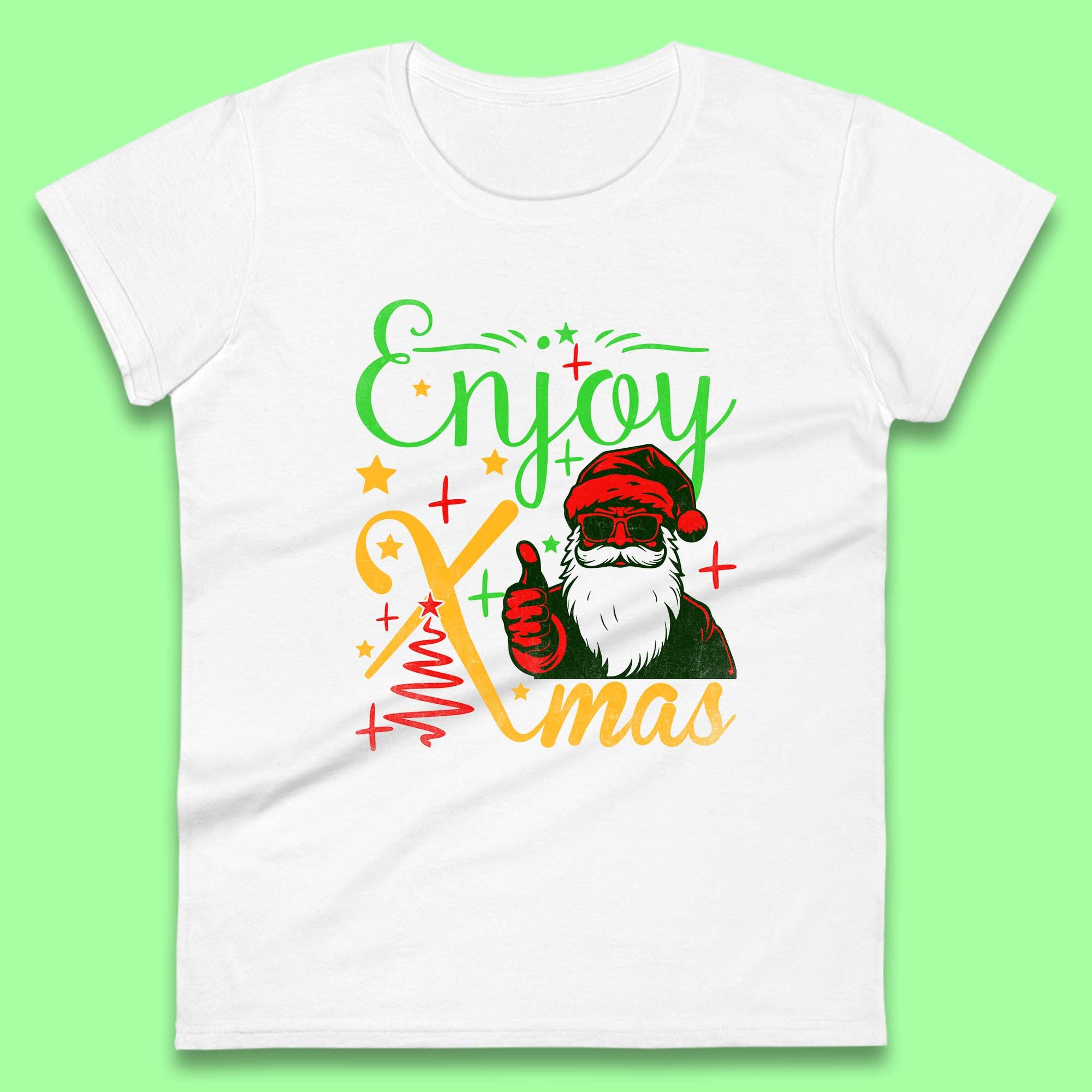 Enjoy Xmas Santa Claus Thumbs Up Merry Christmas Holiday Season Womens Tee Top