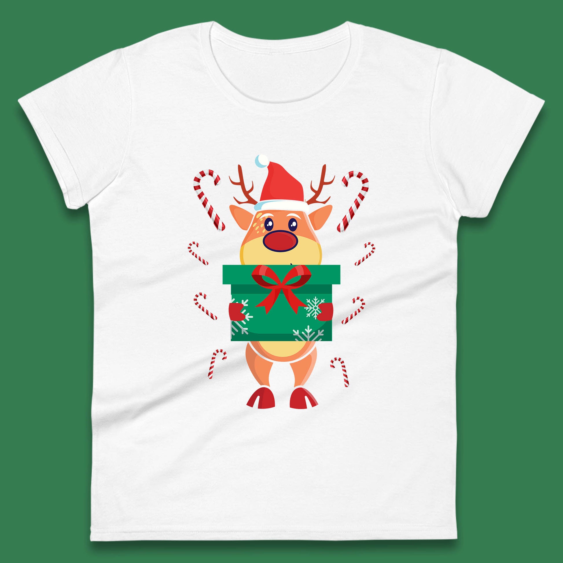reindeer holding gift christmas womens t shirt