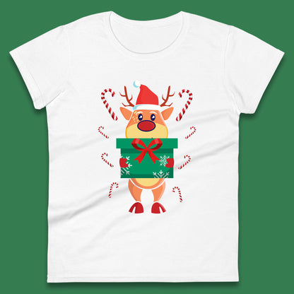 reindeer holding gift christmas womens t shirt