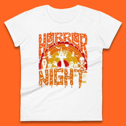 Halloween Horror Night Vintage Rainbow Flying witches Scary Boo Spooky Festive Night Womens Tee Top