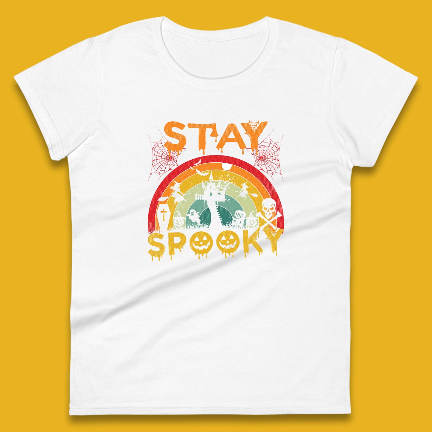 Stay Spooky Vintage Halloween Hunted House Dark Night Full Moon And Flying Bats Womens Tee Top