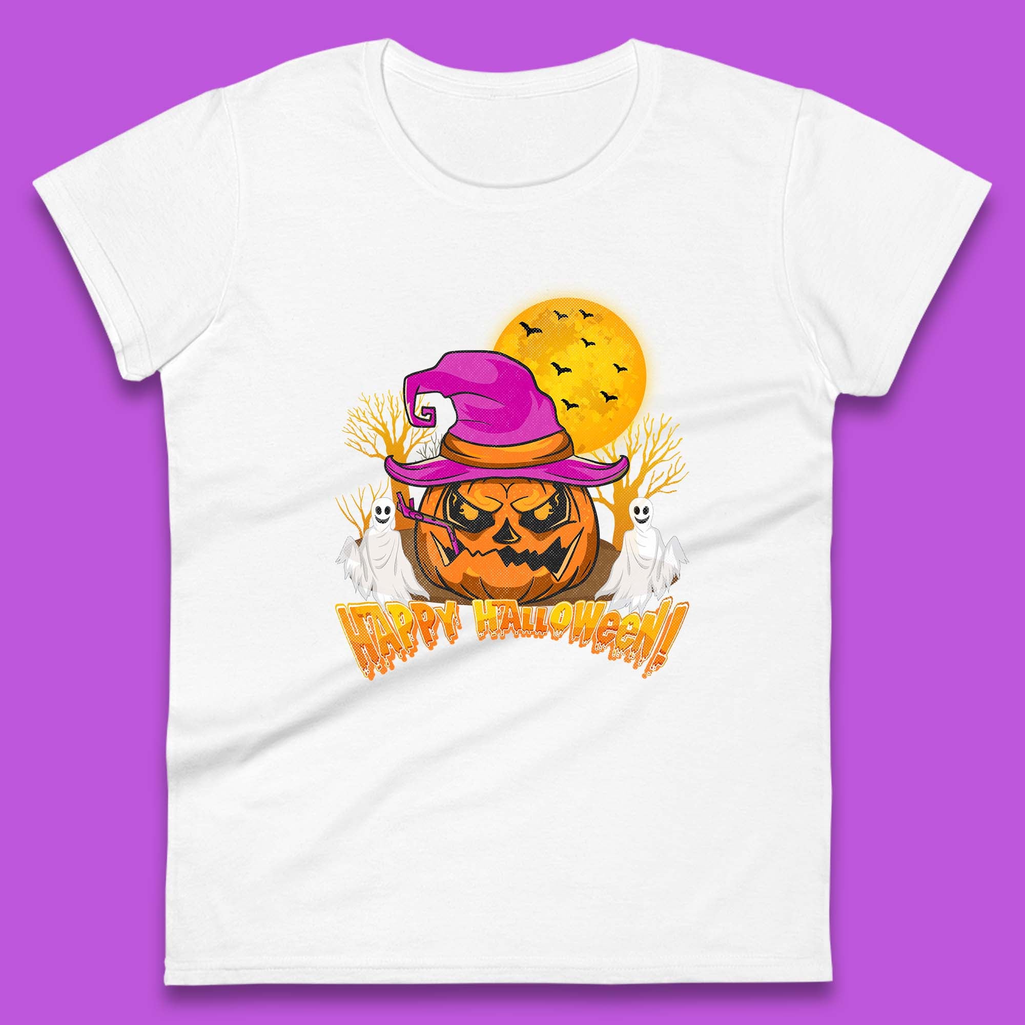 Happy Halloween Pumpkin Witch Hat Jack-o'-lantern With Full Moon Flying Bats Horror Scary Boo Ghost Womens Tee Top