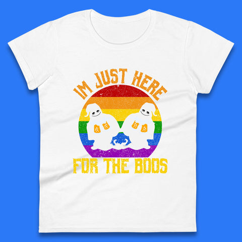Halloween I Just Here For The Boos Gay Boo Ghosts Drinking Beer LGBTQ Pride Beer Womens Tee Top