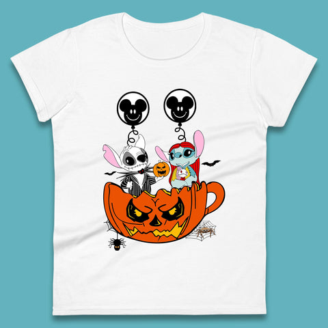Stitch X Jack And Sally Inside Halloween Pumpkin With Mickey Mouse Balloons Jack And Sally Nightmare Before Christmas Womens Tee Top