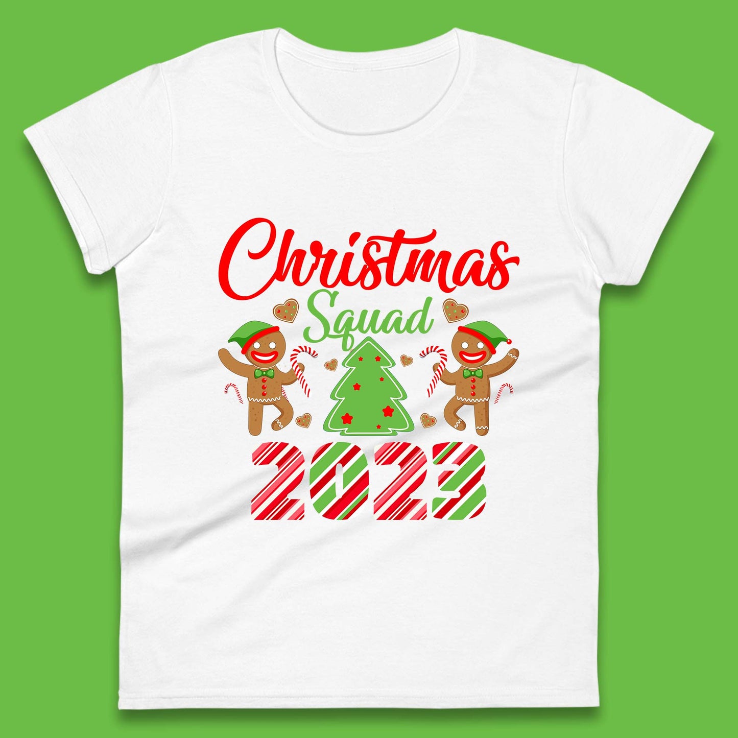 Christmas Squad 2023 Christmas Tree Xmas Gingerbread Man with Candy Cane Womens Tee Top