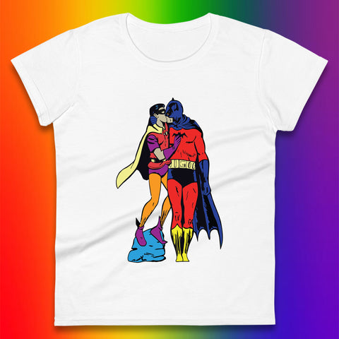 Batman X Robin Superhero Kiss Gay Pride LGBT Gay Bat Superheros Film DC Comics Womens Tee Top