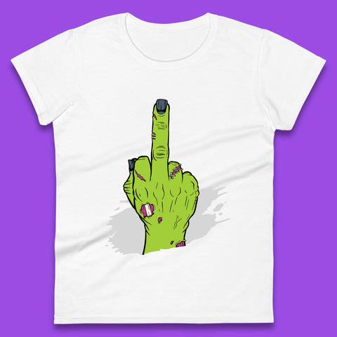 Halloween Green Zombie Hand Showing The Middle Finger Sarcastic Rude Womens Tee Top