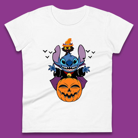 Disney Halloween Pumpkin Devil Stitch With Black Cat Horror Scary Disney Lilo & Stitch Womens Tee Top