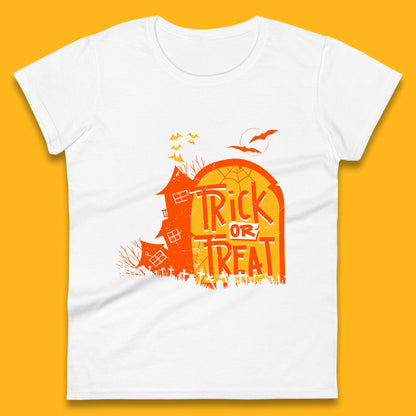 Trick Or Treat Halloween Terrific Abandoned Haunted House Flying Bats Womens Tee Top