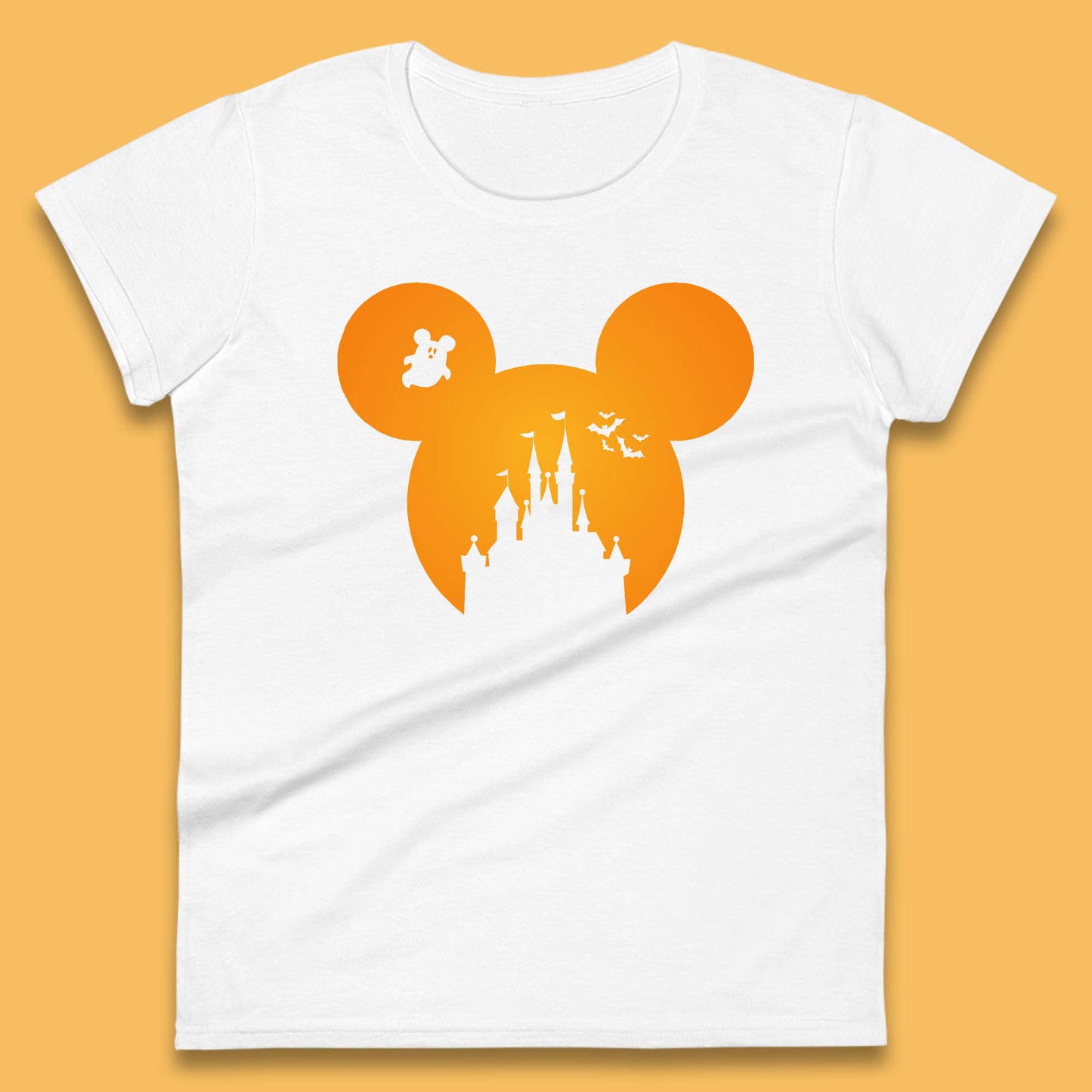 Disney Mickey Mouse Happy Halloween Disney Castle Halloween Scary Boo Flying Bats Womens Tee Top