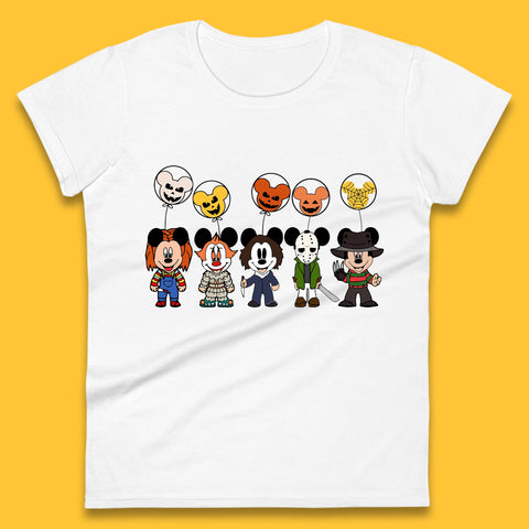 Disney Halloween Friends Horror Movie Characters Mickey Mouse Balloons Womens Tee Top