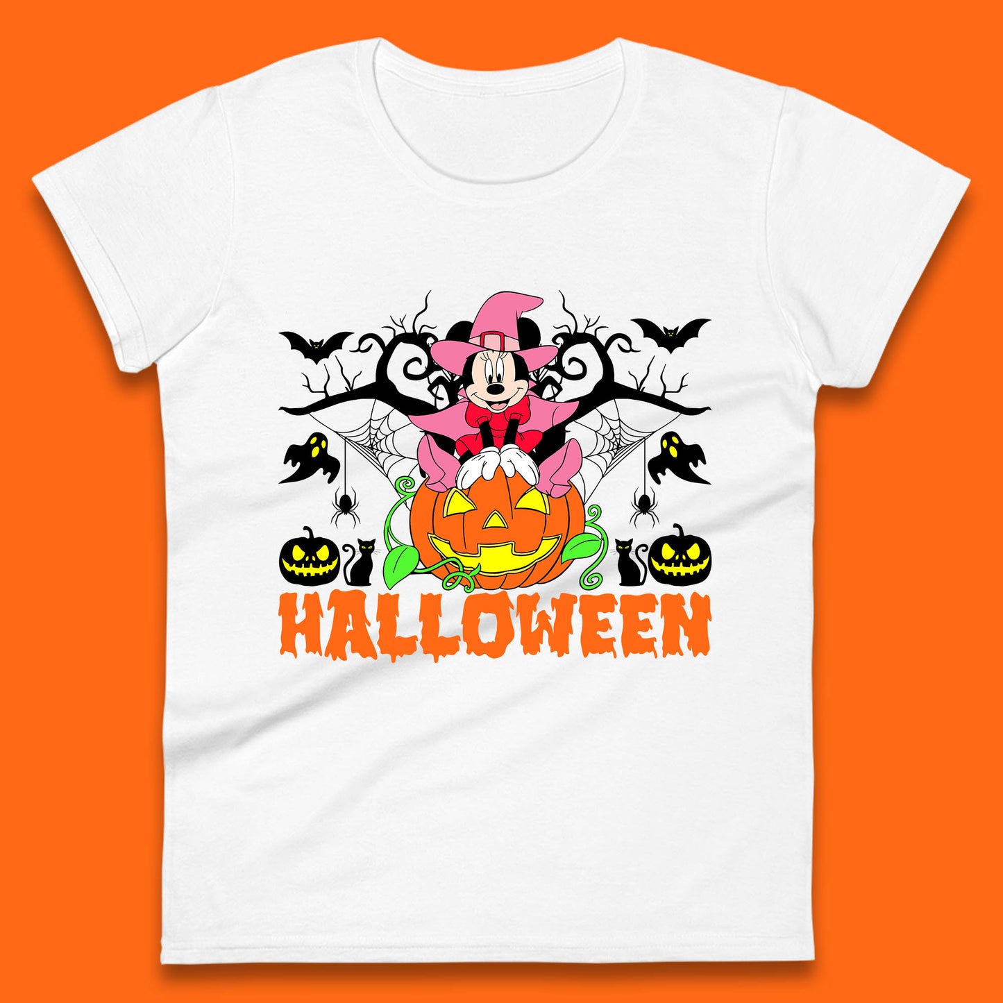 Disney Halloween Witch Minnie Mouse Sitting On Pumpkin Horror Scary Disneyland Trip Costume Womens Tee Top