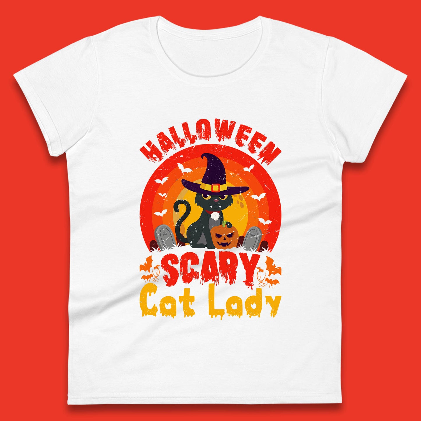 Halloween Scary Cat Lady Horror Spooky Witch Black Cat Lover Womens Tee Top