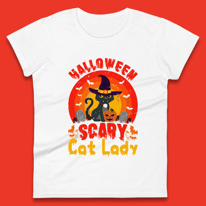 Halloween Scary Cat Lady Horror Spooky Witch Black Cat Lover Womens Tee Top
