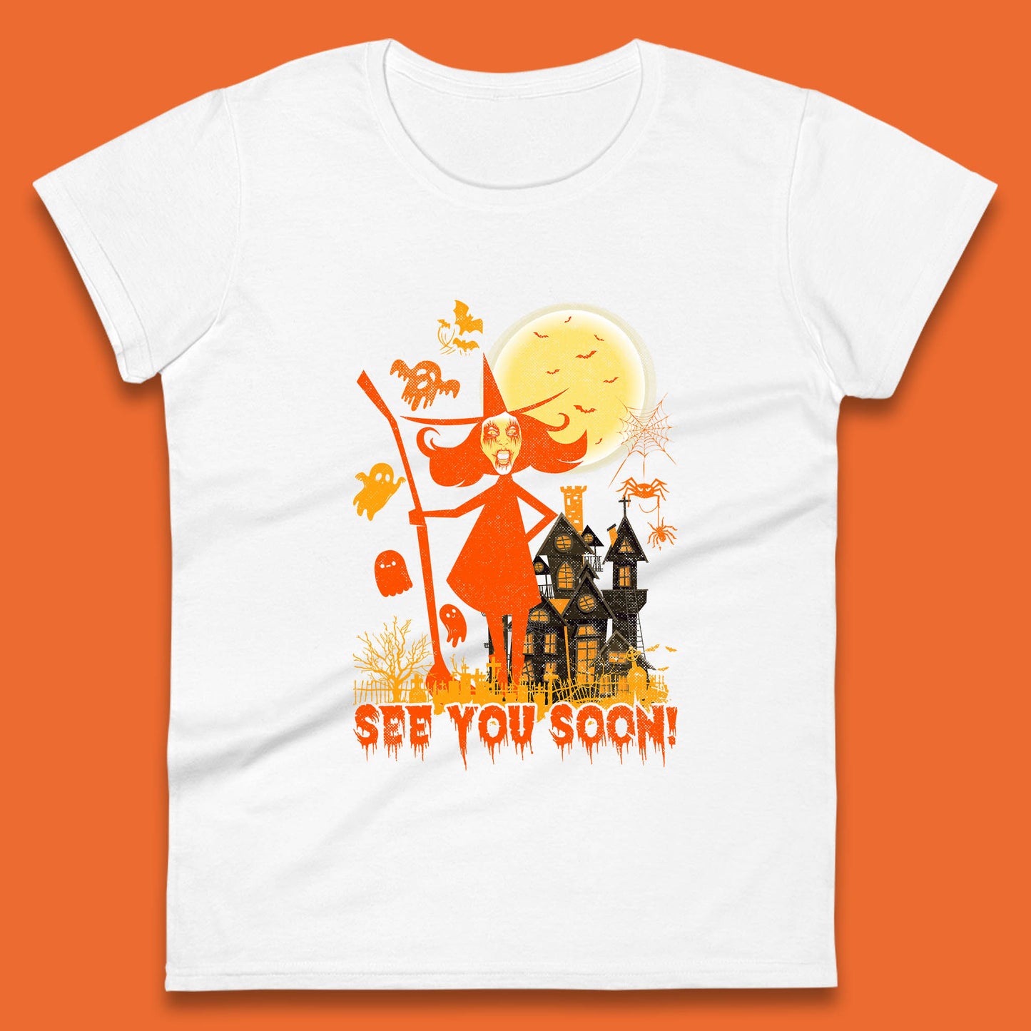 See You Soon Halloween Witch With Broom Horror Scary Haunted House Womens Tee Top